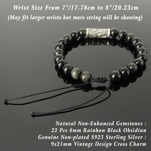 Vintage Cross Design Healing Gemstone Jewelry - Men's Women's Handmade Braided Charm Bracelet with 8mm Rainbow Black Obsidian, Adjustable Drawstring, S925 Sterling Silver BR1761