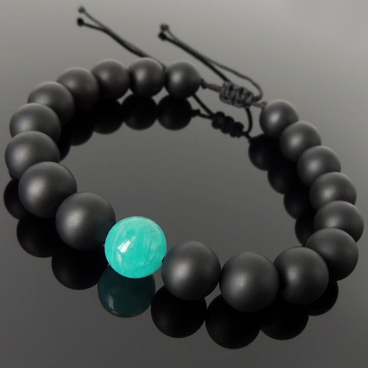 Healing Zen Gemstone Minimal Jewelry - Men's Women's Handmade Braided Bracelet Protection, Casual Wear with 10mm Amazonite, Matte Black Onyx, Adjustable Drawstring BR1768