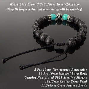 Handmade Braided Cross Bead Bracelet - Healing Protection 10mm Amazonite, Lava Rock Stone Beads, Adjustable Drawstring, & Genuine 925 Sterling Silver Parts BR1769
