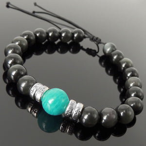 Celtic Font Beads Handmade Braided Gemstone Bracelet - Men's Women's Casual Wear, Healing with Amazonite, Rainbow Black Obsidian, Adjustable Drawstring, S925 Sterling Silver Spacer Beads BR1770