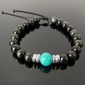 Celtic Font Beads Handmade Braided Gemstone Bracelet - Men's Women's Casual Wear, Healing with Amazonite, Rainbow Black Obsidian, Adjustable Drawstring, S925 Sterling Silver Spacer Beads BR1770
