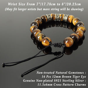 Bold Healing Gemstone Jewelry - Men's Women's Handmade Braided Charm Bracelet with 12mm Brown Tiger Eye, Adjustable Drawstring, S925 Sterling Silver Cross Charms BR1771