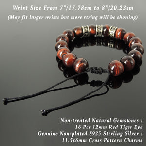 Bold Healing Gemstone Jewelry - Men's Women's Handmade Braided Charm Bracelet with 12mm Red Tiger Eye, Adjustable Drawstring, S925 Sterling Silver Cross Charms BR1772