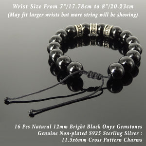 Bold Healing Gemstone Jewelry - Men's Women's Handmade Braided Charm Bracelet with 12mm Bright Black Onyx, Adjustable Drawstring, S925 Sterling Silver Cross Charms BR1774