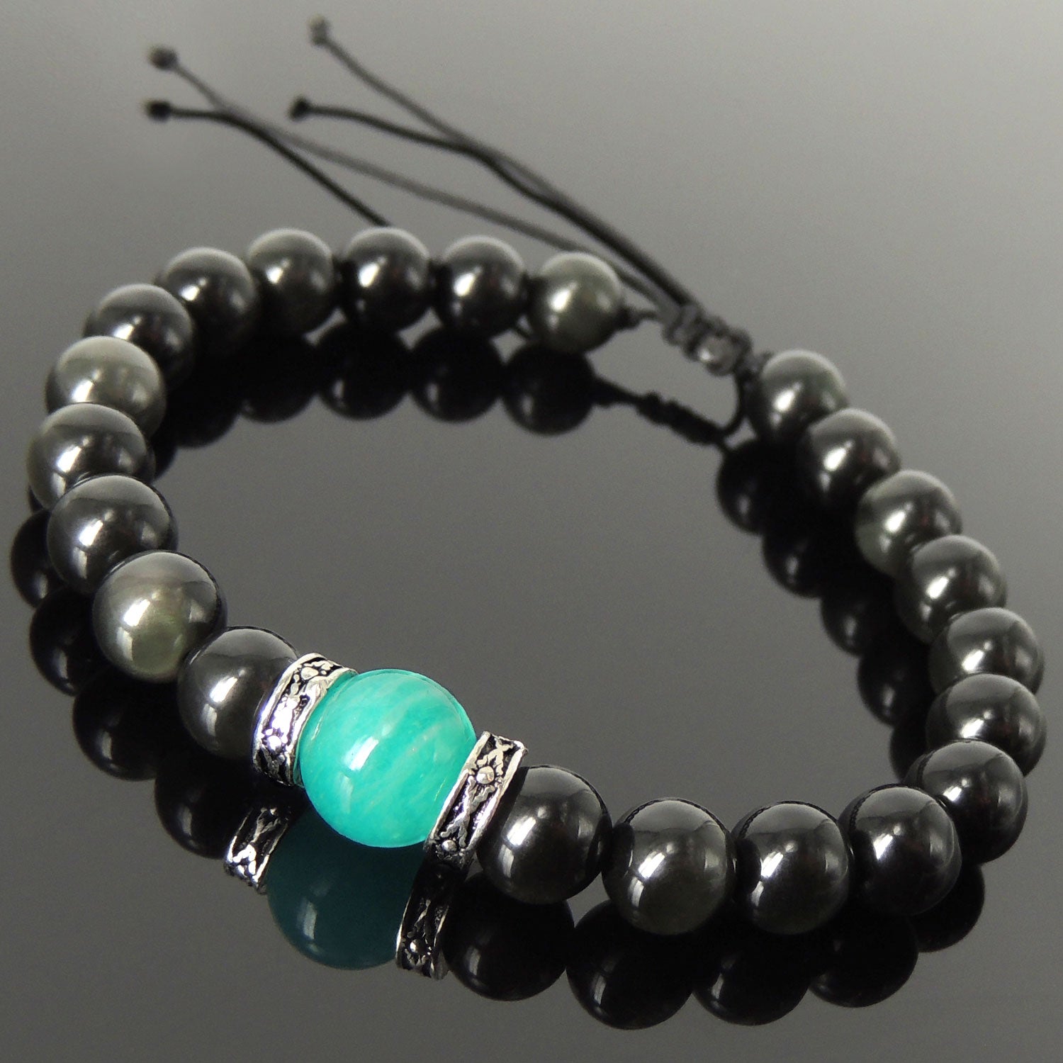 Vintage Design Handmade Braided Gemstone Bracelet - Men's Women's Casual Wear, Healing with Amazonite, Rainbow Black Obsidian, Adjustable Drawstring, S925 Sterling Silver Spacer Beads BR1775