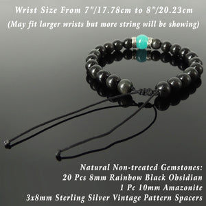 Vintage Design Handmade Braided Gemstone Bracelet - Men's Women's Casual Wear, Healing with Amazonite, Rainbow Black Obsidian, Adjustable Drawstring, S925 Sterling Silver Spacer Beads BR1775