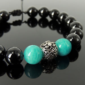 French Fleur de Lis Gemstone Jewelry - Men's Women's Handmade Braided Bracelet Protection, Casual Wear with 10mm Bright Black Onyx, Amazonite, Adjustable Drawstring, S925 Sterling Silver Charm Bead BR1776