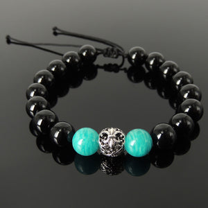 French Fleur de Lis Gemstone Jewelry - Men's Women's Handmade Braided Bracelet Protection, Casual Wear with 10mm Bright Black Onyx, Amazonite, Adjustable Drawstring, S925 Sterling Silver Charm Bead BR1776
