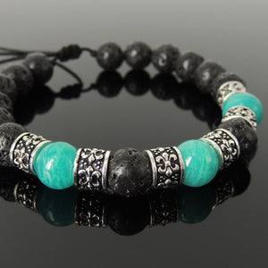 French Fleur de Lis Stone Jewelry - Men's Women's Handmade Braided Bracelet Protection, Casual Wear with 10mm Lava Rock, Amazonite, Adjustable Drawstring, S925 Sterling Silver Charms BR1777