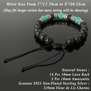 French Fleur de Lis Stone Jewelry - Men's Women's Handmade Braided Bracelet Protection, Casual Wear with 10mm Lava Rock, Amazonite, Adjustable Drawstring, S925 Sterling Silver Charms BR1777