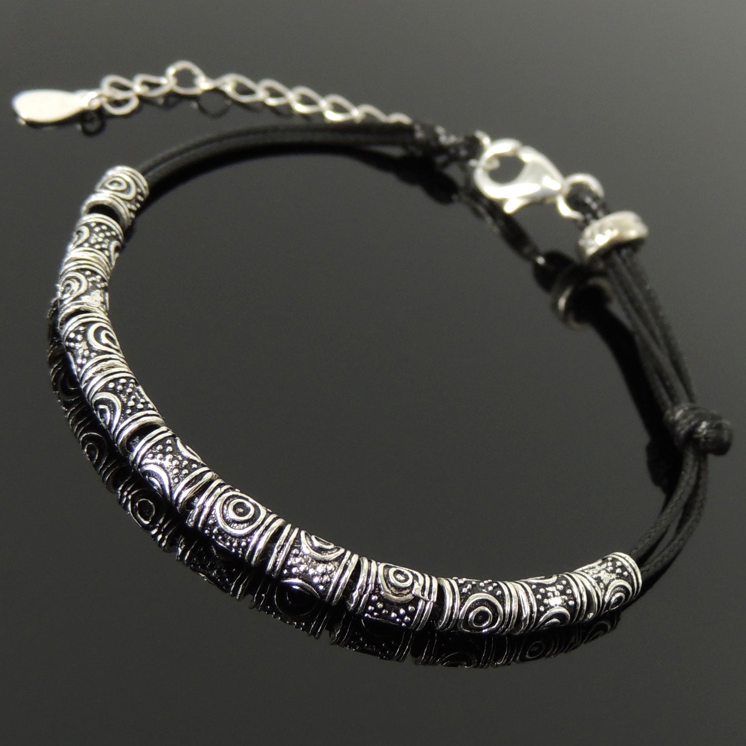 Vintage Celtic Handmade 2-way "Duo" Adjustable Bracelet - Men's Women's Custom Design, Casual Wear with Small Black Wax Rope, Genuine S925 Sterling Silver Clasp, Chain & Link BR1778