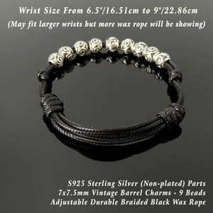 Vintage Handmade Adjustable Black Wax Rope Bracelet - Men's Women's Custom Design, Casual Wear with Genuine S925 Sterling Silver Charms BR1779