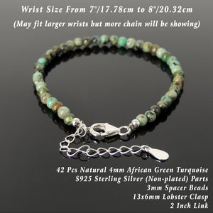 Handmade Adjustable Clasp Bracelet - Men's Women's Custom Design, Casual Wear with 4mm African Green Turquoise Healing Gemstones, Genuine S925 Sterling Silver BR1780