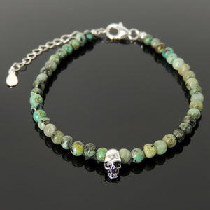 4mm African Green Turquoise Healing Gemstone Bracelet with S925 Sterling Silver Small Protection Skull Bead, Chain, & Clasp - Handmade by Gem & Silver BR1781