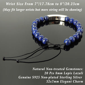 Handmade Adjustable Braided Bracelet - Men's Women's Custom Jewelry, Protection with 8mm Lapis Lazuli Healing Gemstones, Genuine S925 Sterling Silver Elegant Charm BR1783