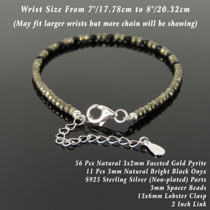 Handmade Adjustable Clasp Bracelet - Men's Women's Custom Design, Protection with Faceted Gold Pyrite, Bright Black Onyx Healing Gemstones, Genuine S925 Sterling Silver Chain BR1784