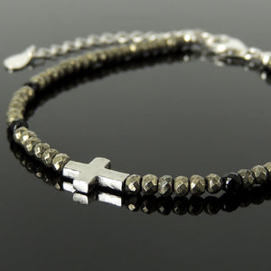 Handmade Adjustable Clasp Bracelet - Men's Women's Custom Design, Protection with Faceted Gold Pyrite, Bright Black Onyx Healing Gemstones, Genuine S925 Sterling Silver Cross Bead, Chain BR1785
