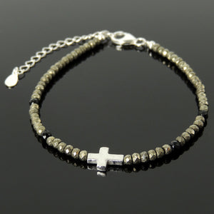 Handmade Adjustable Clasp Bracelet - Men's Women's Custom Design, Protection with Faceted Gold Pyrite, Bright Black Onyx Healing Gemstones, Genuine S925 Sterling Silver Cross Bead, Chain BR1785