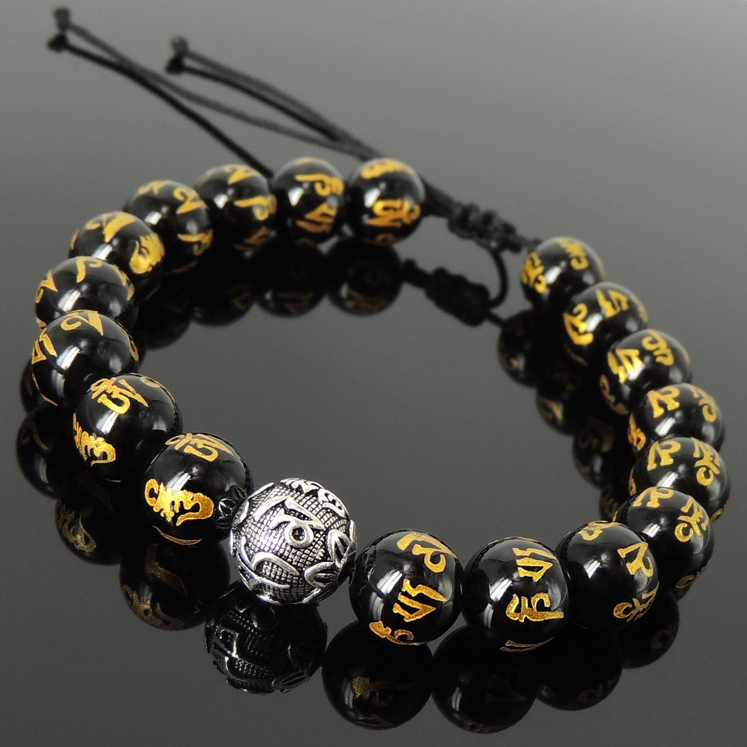 Handmade Adjustable Braided Bracelet - Men's Women's Custom Jewelry, Protection with 10mm Bright Black Onyx Healing Gemstones, Gold Hot Stamp, Genuine S925 Sterling Silver Meditation Bead BR1790