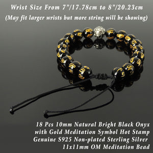 Handmade Adjustable Braided Bracelet - Men's Women's Custom Jewelry, Protection with 10mm Bright Black Onyx Healing Gemstones, Gold Hot Stamp, Genuine S925 Sterling Silver Meditation Bead BR1790