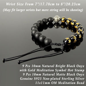 Handmade Adjustable Braided Bracelet - Men's Women's Custom Jewelry, Protection with 10mm Bright & Matte Black Onyx Healing Gemstones, Gold Hot Stamp, Genuine S925 Sterling Silver Meditation Bead BR1791