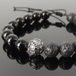 Handmade Adjustable Braided Bracelet - Men's Women's Custom Jewelry, Healing Gemstones with 10mm Bright Black Onyx, Lava Rock, Genuine S925 Sterling Silver Meditation Bead BR1792