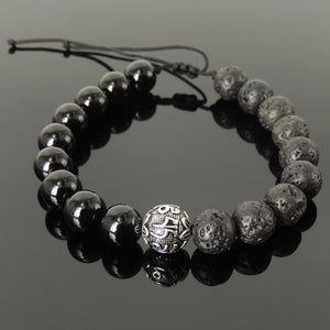 Handmade Adjustable Braided Bracelet - Men's Women's Custom Jewelry, Healing Gemstones with 10mm Bright Black Onyx, Lava Rock, Genuine S925 Sterling Silver Meditation Bead BR1792