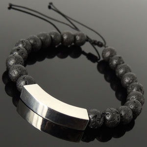 Handmade Adjustable Braided Bracelet - Men's Women's Custom Jewelry, Protection with 8mm Lava Rock Healing Stones, Genuine S925 Sterling Silver Elegant Charm BR1793