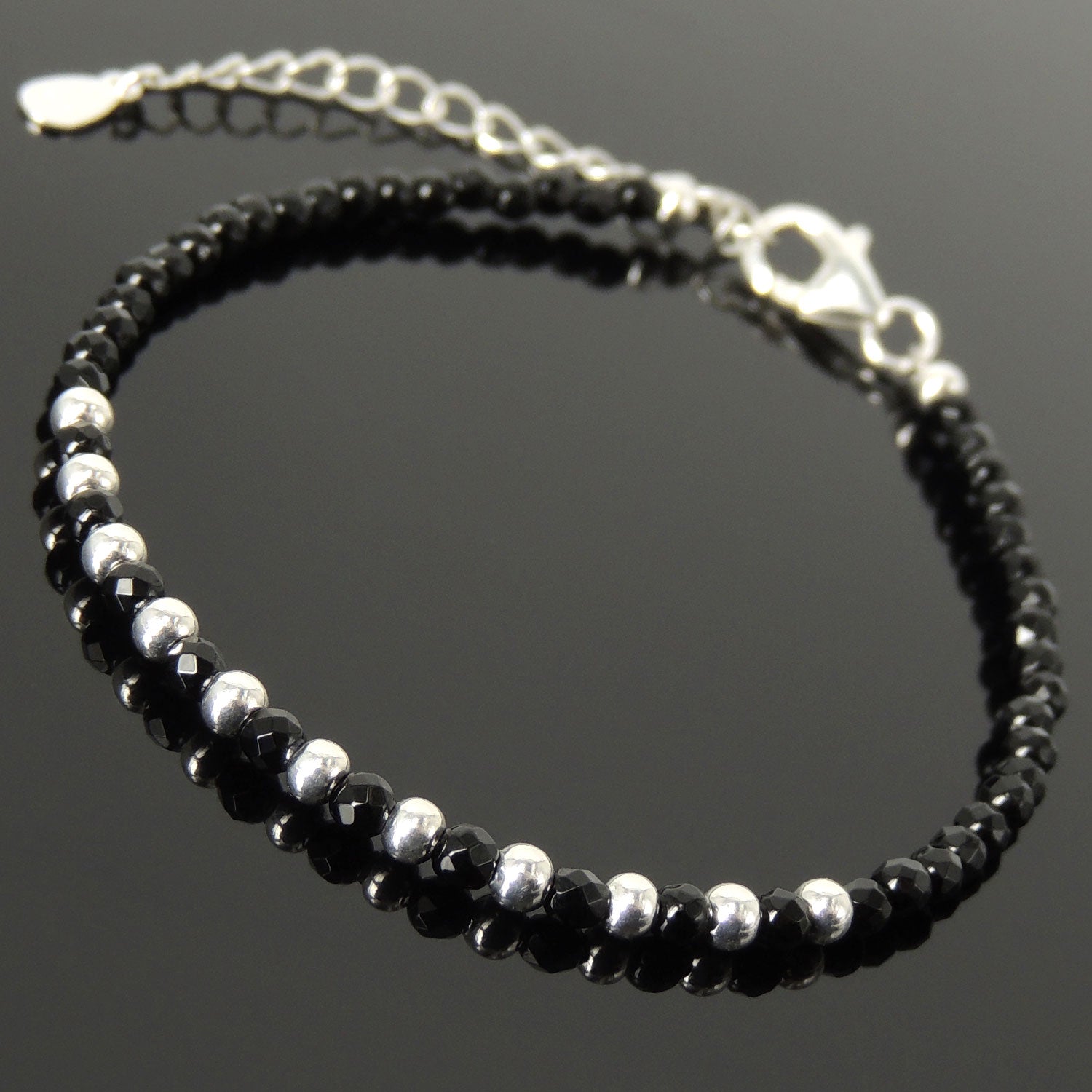 Handmade Adjustable Clasp Bracelet - 3mm Faceted Black Onyx Healing Protection Gemstone Beads, Men's Women's Custom Jewelry, Genuine S925 Sterling Silver Chain BR1794