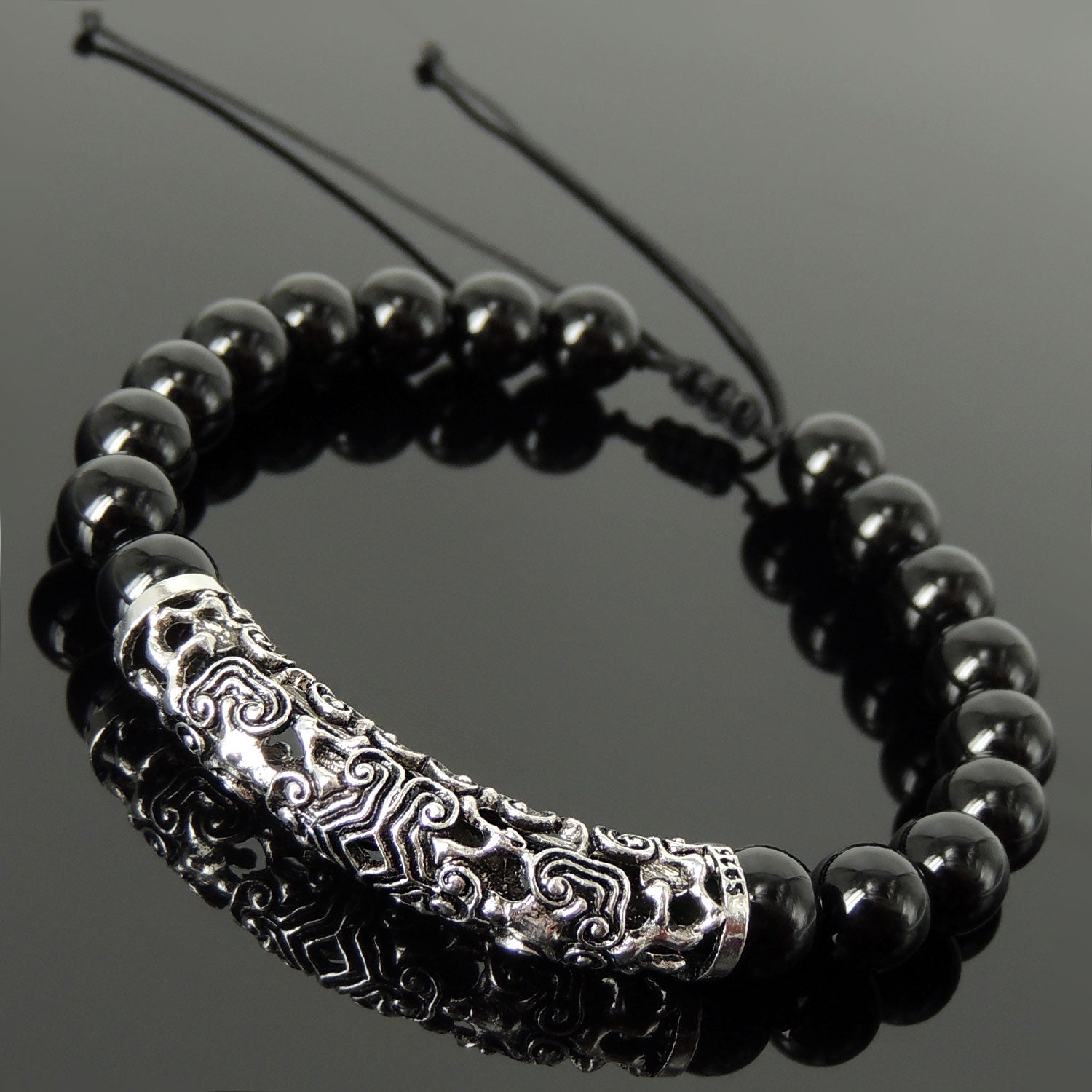 Handmade Adjustable Braided Bracelet - Men's Women's Custom Jewelry, Protection with 8mm Bright Black Onyx Healing Gemstones, Genuine S925 Sterling Silver Japanese Woodwork Charm BR1795