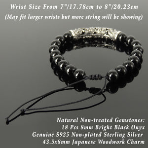 Handmade Adjustable Braided Bracelet - Men's Women's Custom Jewelry, Protection with 8mm Bright Black Onyx Healing Gemstones, Genuine S925 Sterling Silver Japanese Woodwork Charm BR1795