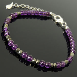 Handmade Adjustable Clasp Bracelet - Men's Women's Custom Design, Protection with Faceted Gold Pyrite, Amethyst Crystal Healing Gemstones, Genuine S925 Sterling Silver Beads, Chain BR1796