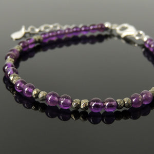 Handmade Adjustable Clasp Bracelet - Men's Women's Custom Design, Protection with Faceted Gold Pyrite, Amethyst Crystal Healing Gemstones, Genuine S925 Sterling Silver Beads, Chain BR1796