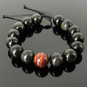Handmade Healing Gemstone Yoga Bracelet - Custom Design Rainbow Black Obsidian, Red Tiger Eye 14mm Beads, Braided Adjustable Cords BR1797
