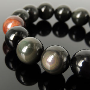 Handmade Healing Gemstone Yoga Bracelet - Custom Design Rainbow Black Obsidian, Red Tiger Eye 14mm Beads, Braided Adjustable Cords BR1797