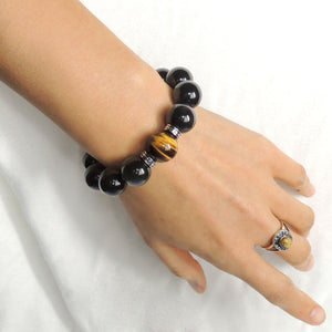Handmade Healing Gemstone Yoga Bracelet - Custom Design Rainbow Black Obsidian, Brown Tiger Eye 14mm Beads, Genuine 925 Sterling Silver Art Deco Spacer Beads BR1798
