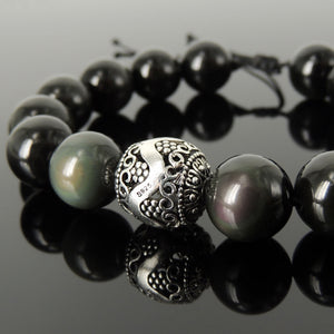 Handmade Healing Gemstone Yoga Bracelet - Custom Design Rainbow Black Obsidian 14mm Beads, Genuine 925 Sterling Silver Fabergé Charm, Adjustable Cords BR1799
