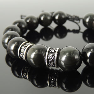 Handmade Healing Gemstone Bracelet - Custom Design Rainbow Black Obsidian 14mm Beads, Genuine 925 Sterling Silver Cross Pattern Charms, Adjustable Cords BR1800