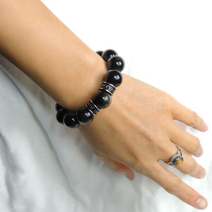 Handmade Healing Gemstone Bracelet - Custom Design Rainbow Black Obsidian 14mm Beads, Genuine 925 Sterling Silver Cross Pattern Charms, Adjustable Cords BR1800