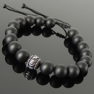 Handmade Adjustable Braided Bracelet - OM Symbols for Meditation, Compassion, Protection with 10mm Matte Black Onyx Healing Gemstones, 925 Sterling Silver Bead, Ebony Wood BR1804