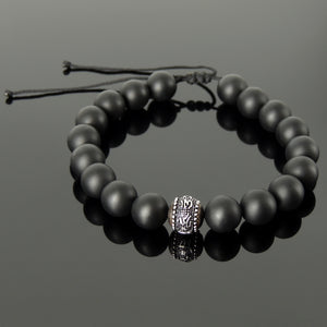 Handmade Adjustable Braided Bracelet - OM Symbols for Meditation, Compassion, Protection with 10mm Matte Black Onyx Healing Gemstones, 925 Sterling Silver Bead, Ebony Wood BR1804