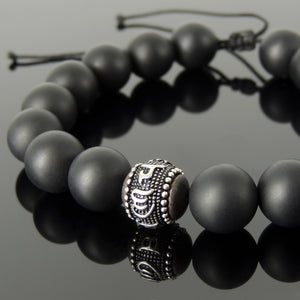 Handmade Adjustable Braided Bracelet - OM Symbols for Meditation, Compassion, Protection with 12mm Matte Black Onyx Healing Gemstones, 925 Sterling Silver Bead, Ebony Wood BR1805