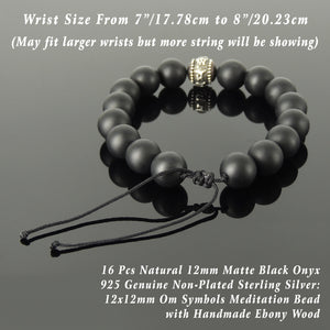 Handmade Adjustable Braided Bracelet - OM Symbols for Meditation, Compassion, Protection with 12mm Matte Black Onyx Healing Gemstones, 925 Sterling Silver Bead, Ebony Wood BR1805