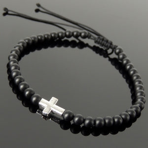 Handmade Adjustable Braided Bracelet - Men's Women's Cross Jewelry, Protection, Courage with 4mm Matte Black Onyx Healing Gemstones, Genuine Non-Plated 925 Sterling Silver Beads BR1809