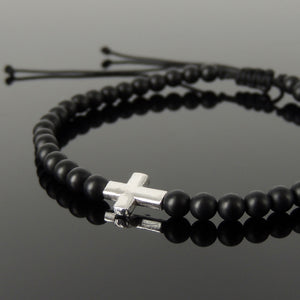 Handmade Adjustable Braided Bracelet - Men's Women's Cross Jewelry, Protection, Courage with 4mm Matte Black Onyx Healing Gemstones, Genuine Non-Plated 925 Sterling Silver Beads BR1809