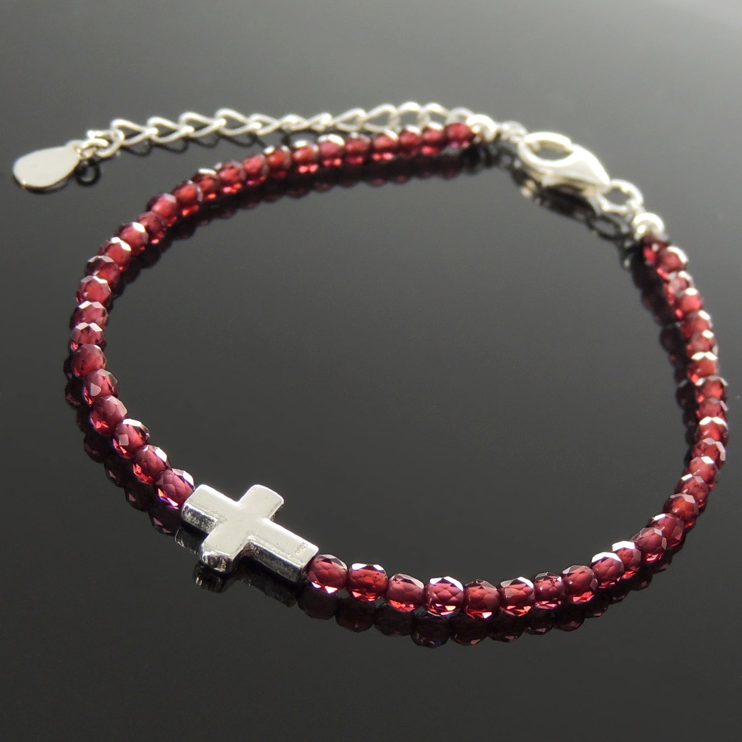 Handmade Adjustable Clasp Bracelet - Men's Women's Cross Jewelry, Courage with 3mm Faceted Red Garnet Healing Gemstones, Genuine S925 Sterling Silver Beads, Chain (Non-Plated) BR1810