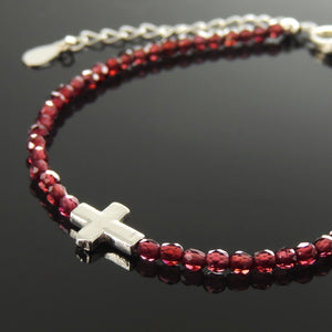 Handmade Adjustable Clasp Bracelet - Men's Women's Cross Jewelry, Courage with 3mm Faceted Red Garnet Healing Gemstones, Genuine S925 Sterling Silver Beads, Chain (Non-Plated) BR1810