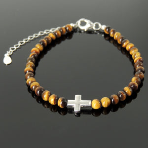Handmade Adjustable Clasp Bracelet - Men's Women's Cross Jewelry, Courage with 4mm Grade AA Brown Tiger Eye Healing Gemstones, Genuine S925 Sterling Silver Beads, Chain (Non-Plated) BR1812