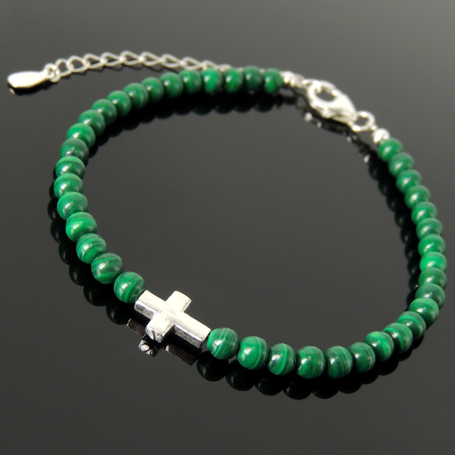 Handmade Adjustable Clasp Bracelet - Men's Women's Cross Jewelry, Courage with 4mm Malachite Healing Gemstones, Genuine S925 Sterling Silver Beads, Chain (Non-Plated) BR1813