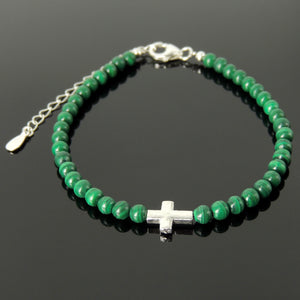 Handmade Adjustable Clasp Bracelet - Men's Women's Cross Jewelry, Courage with 4mm Malachite Healing Gemstones, Genuine S925 Sterling Silver Beads, Chain (Non-Plated) BR1813